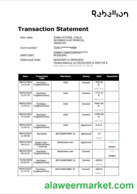 Spain Rebellion Pay transaction statement Word and PDF template